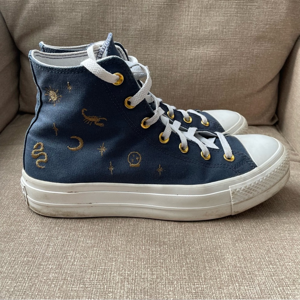 Custom Embroidered Converse Blue High-Tops with White Laces Gold Accents - Picture 4 of 9